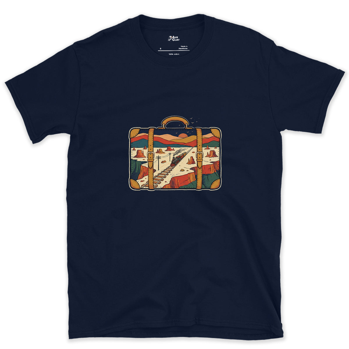Everywhere It Has Been, Leather Suitcase design on a Navy Gildan Softstyle t-shirt