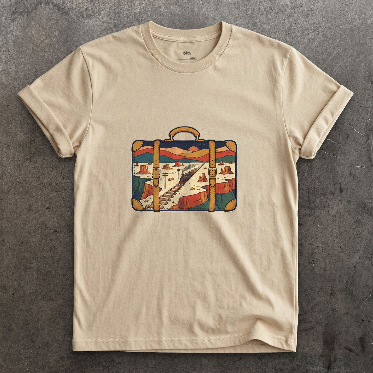 Everywhere It Has Been, Leather Suitcase design on a Sand Gildan Softstyle t-shirt