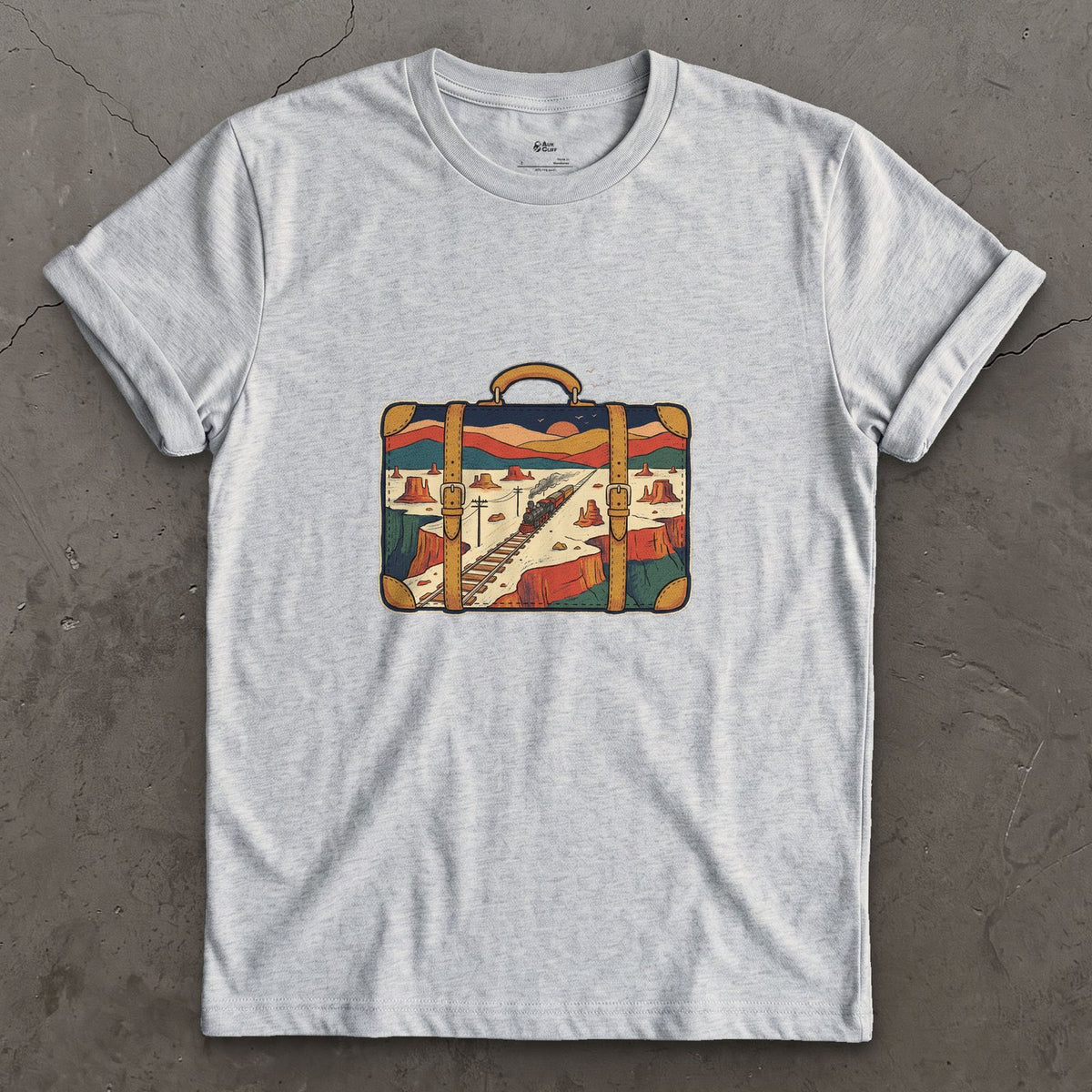 Everywhere It Has Been, Leather Suitcase design on a Sport Grey Gildan Softstyle t-shirt