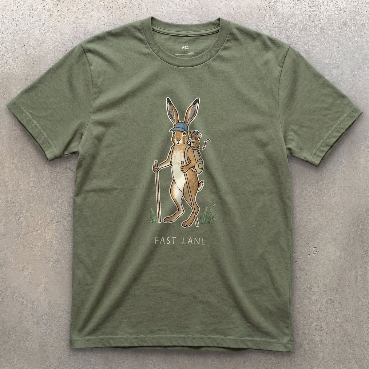 Fast Lane, Hare and Mouse design on a Military Green Gildan Softstyle t-shirt