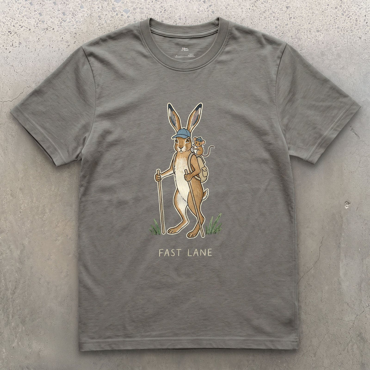 Fast Lane, Hare and Mouse design on a Charcoal Gildan Softstyle t-shirt