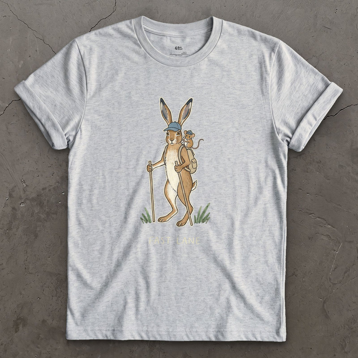 Fast Lane, Hare and Mouse design on a Sport Grey Gildan Softstyle t-shirt