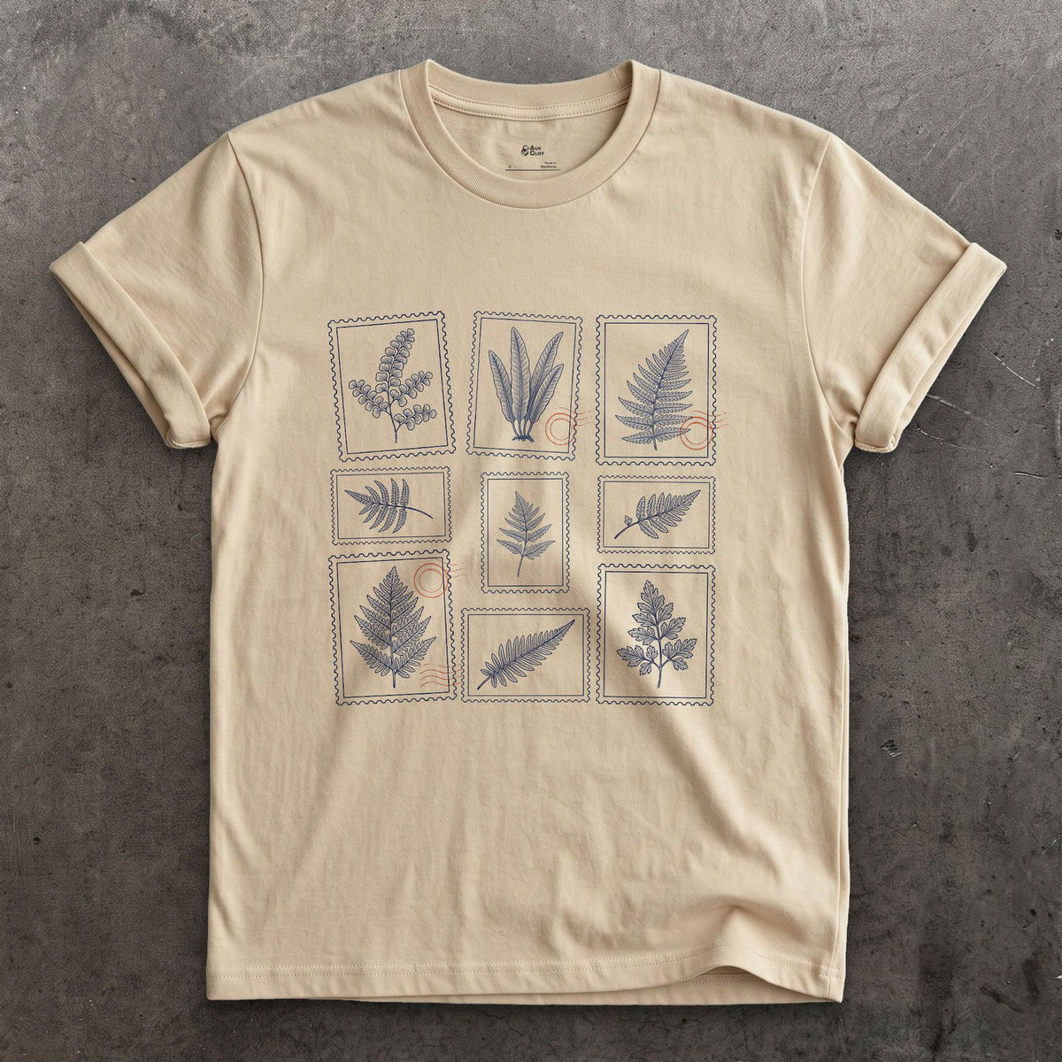 Eight Fern Fronds Told Apart by Shape design on a Sand Gildan Softstyle t-shirt