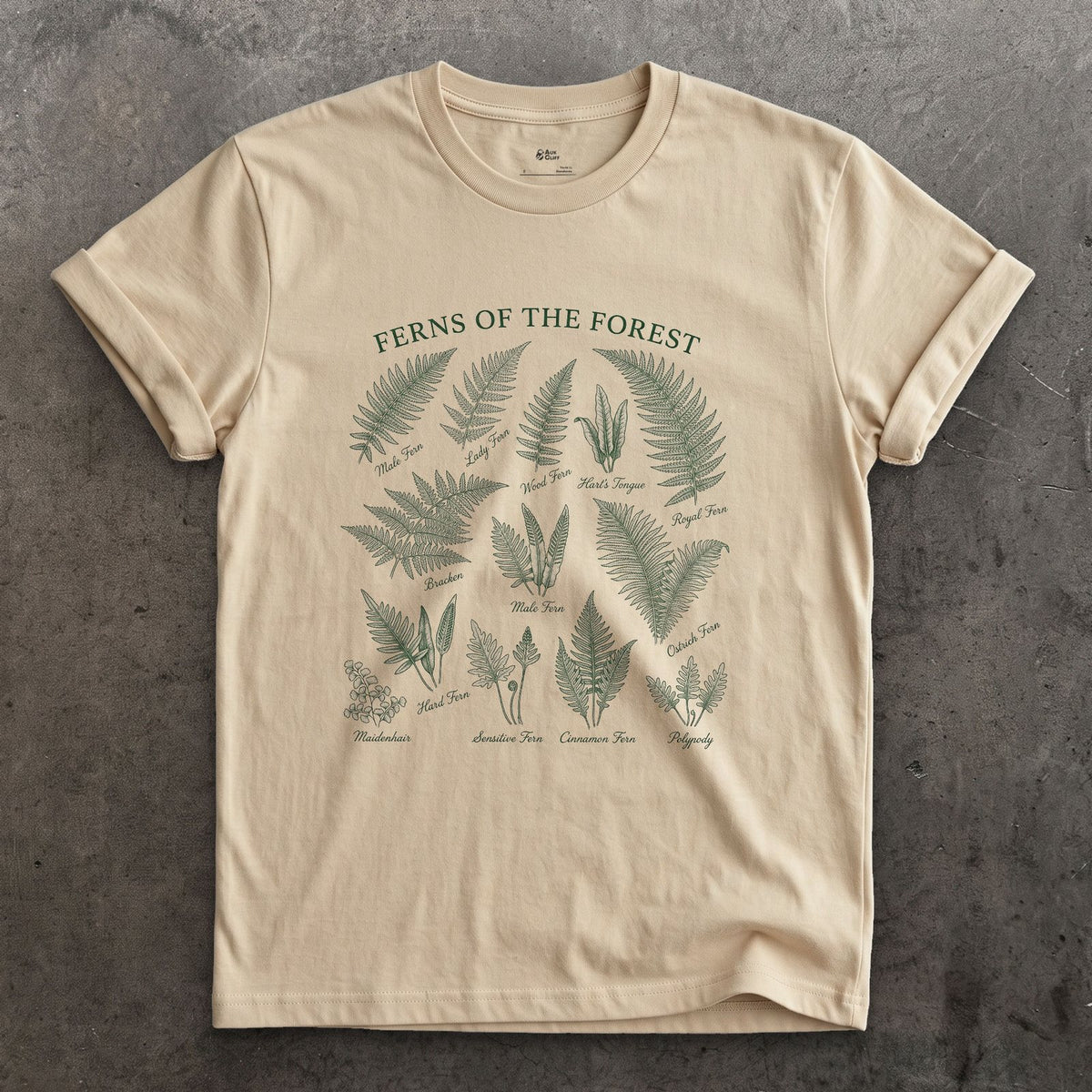 All Eight Ferns of the Forest design on a Sand Gildan Softstyle t-shirt