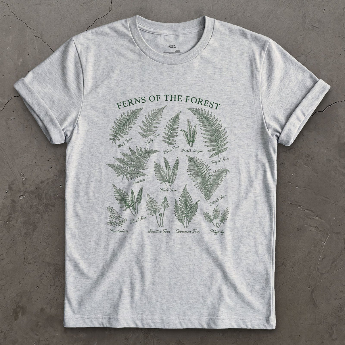 All Eight Ferns of the Forest design on a Sport Grey Gildan Softstyle t-shirt