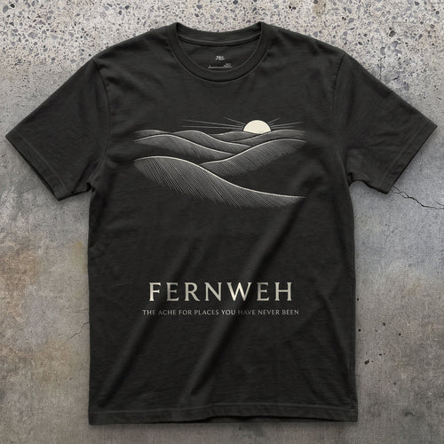 Fernweh, the Ache for Places You Have Never Been design on a Black Gildan Softstyle t-shirt