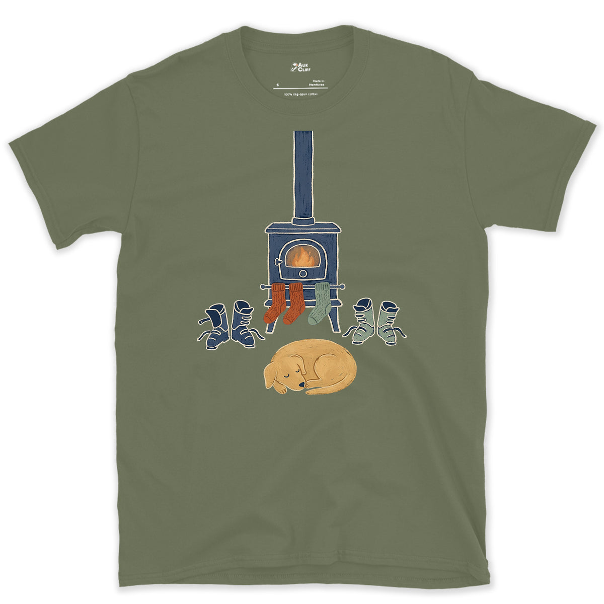 Fireside Boots and Dog design on a Military Green Gildan Softstyle t-shirt