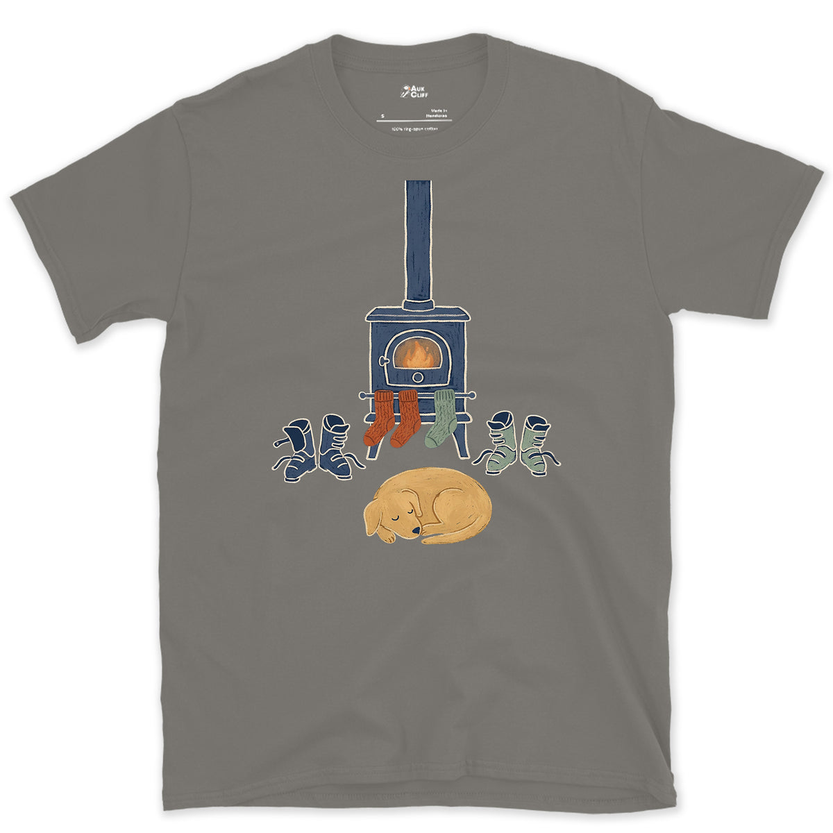 Fireside Boots and Dog design on a Charcoal Gildan Softstyle t-shirt