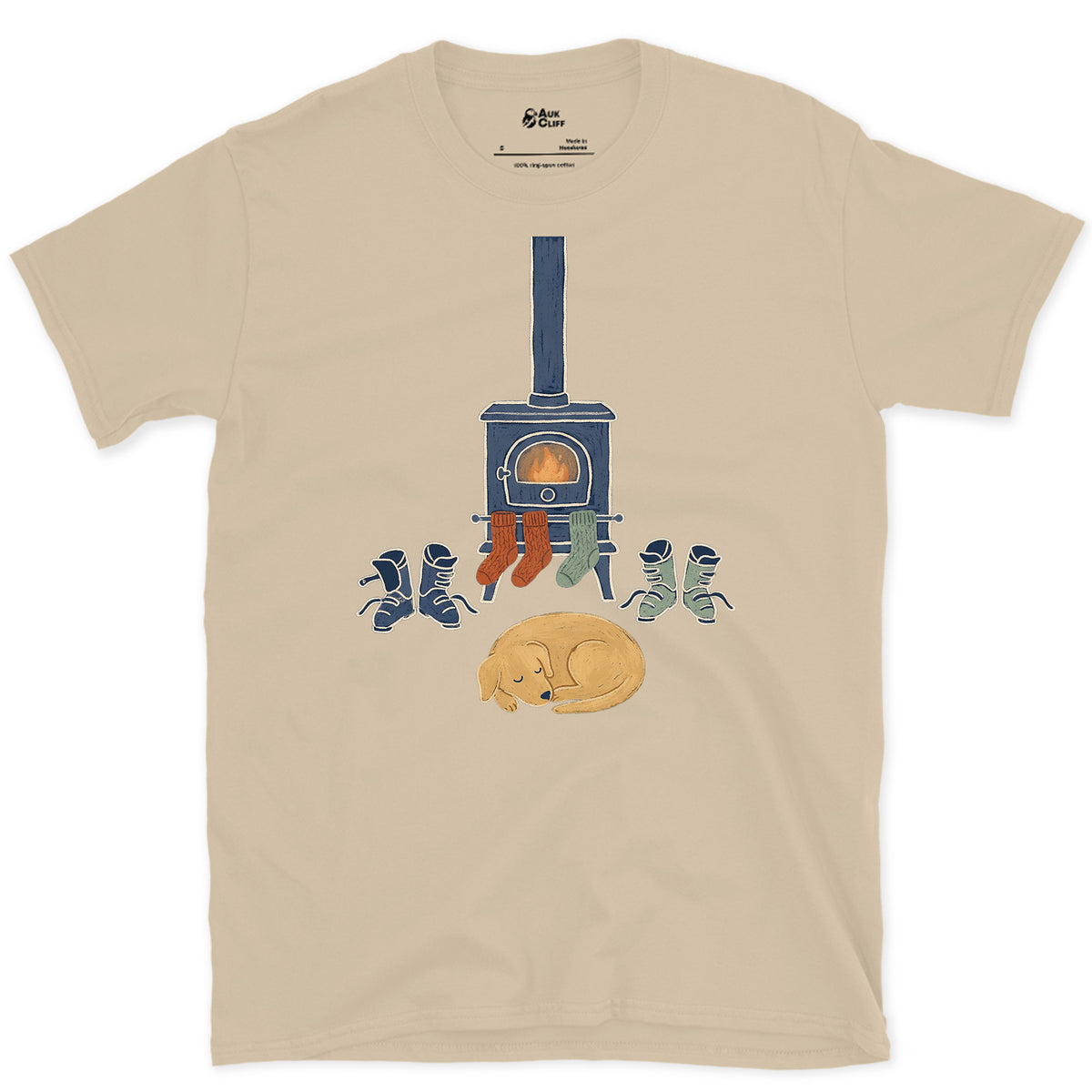 Fireside Boots and Dog design on a Sand Gildan Softstyle t-shirt