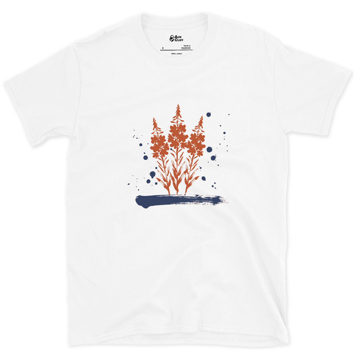 Fireweed on Burnt Ground design on a White Gildan Softstyle t-shirt
