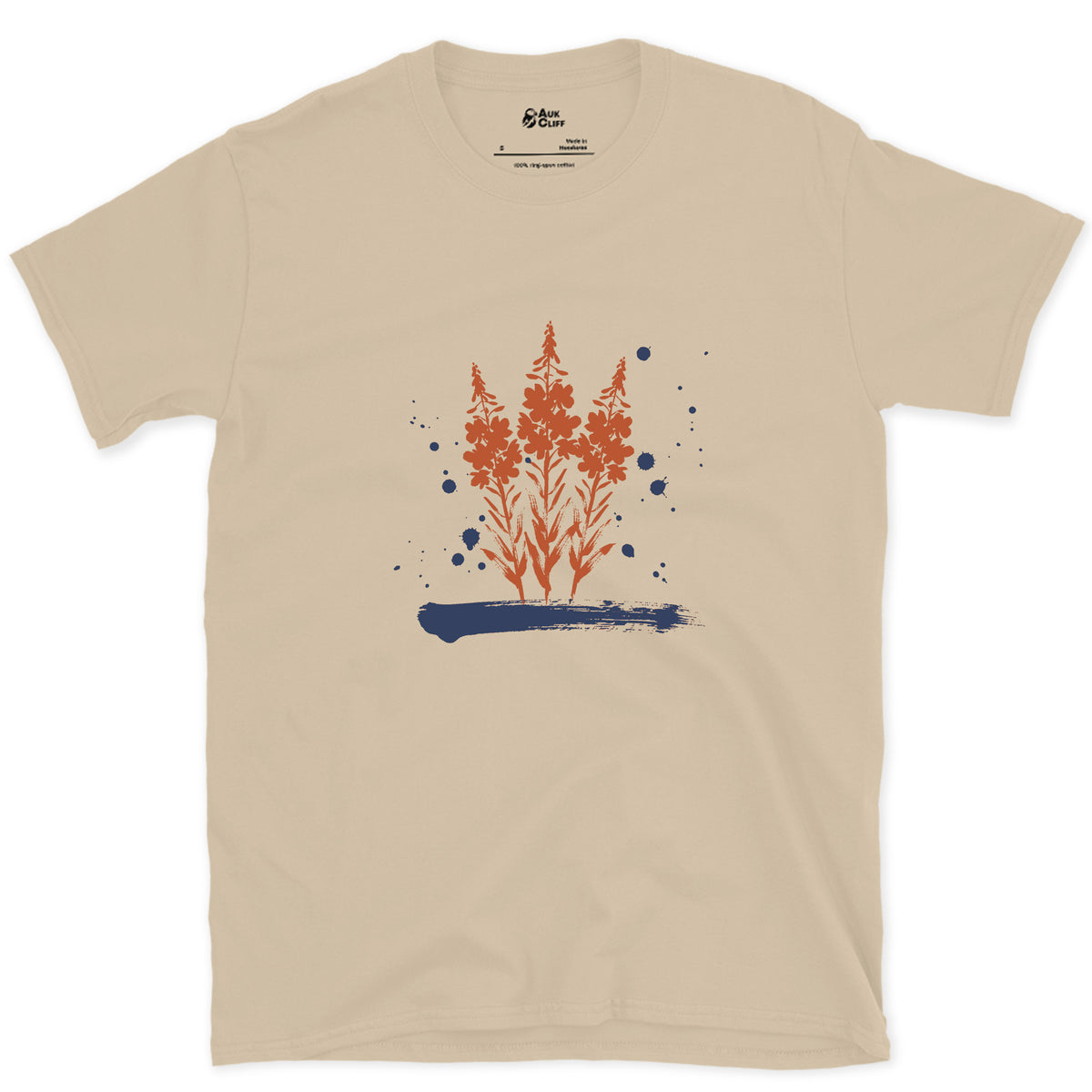 Fireweed on Burnt Ground design on a Sand Gildan Softstyle t-shirt