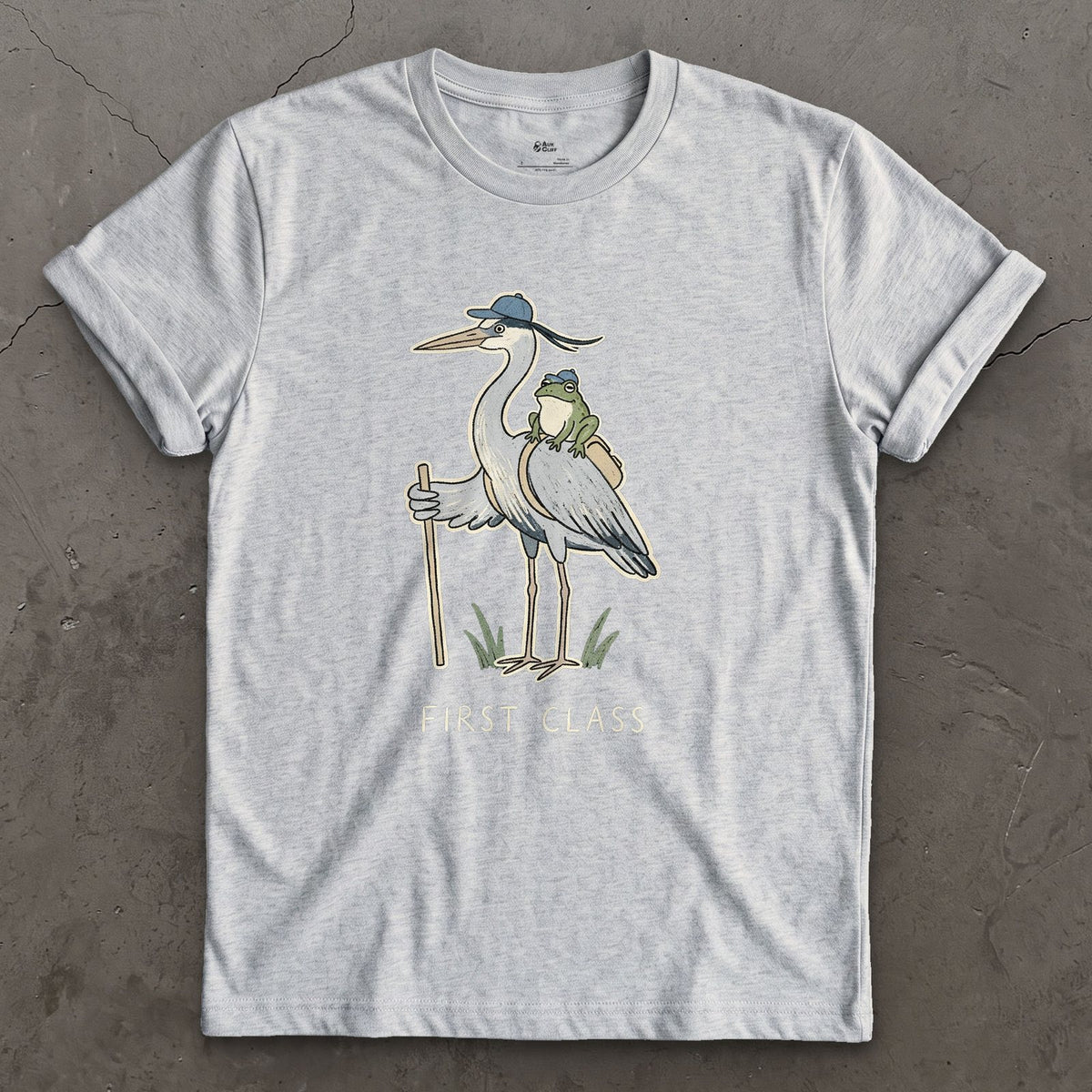 First Class, Heron Hiker and Frog design on a Sport Grey Gildan Softstyle t-shirt