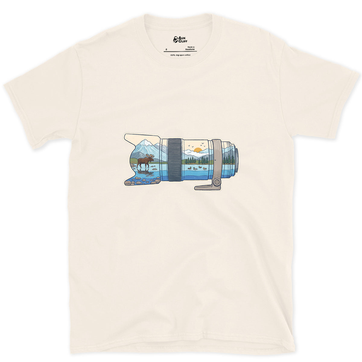 First Light Down the Long Lens design on a Natural Gildan Softstyle t-shirt