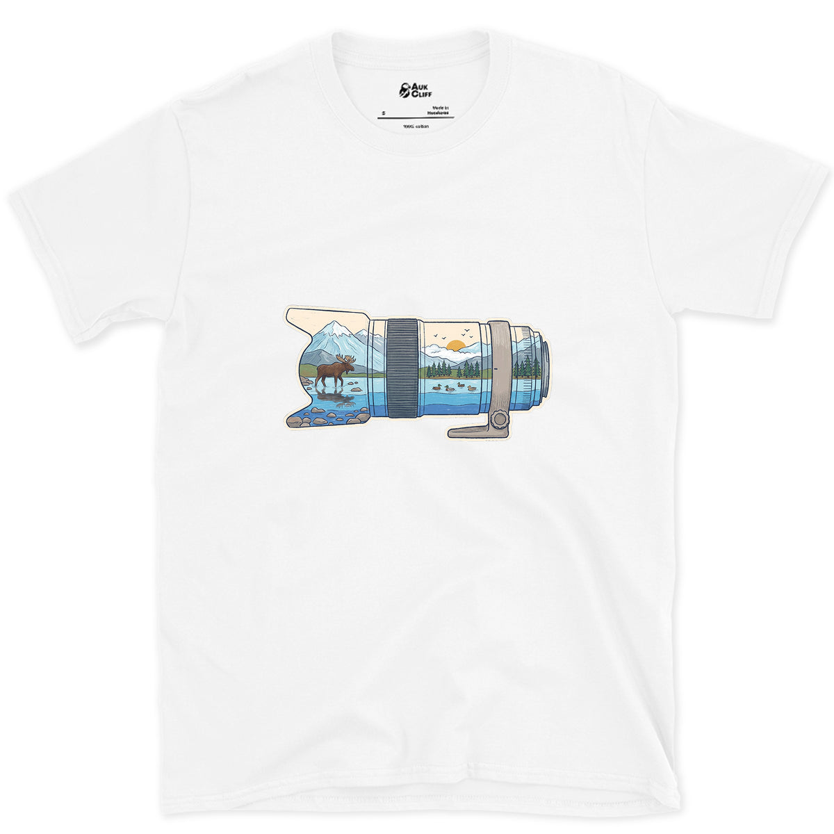First Light Down the Long Lens design on a White Gildan Softstyle t-shirt