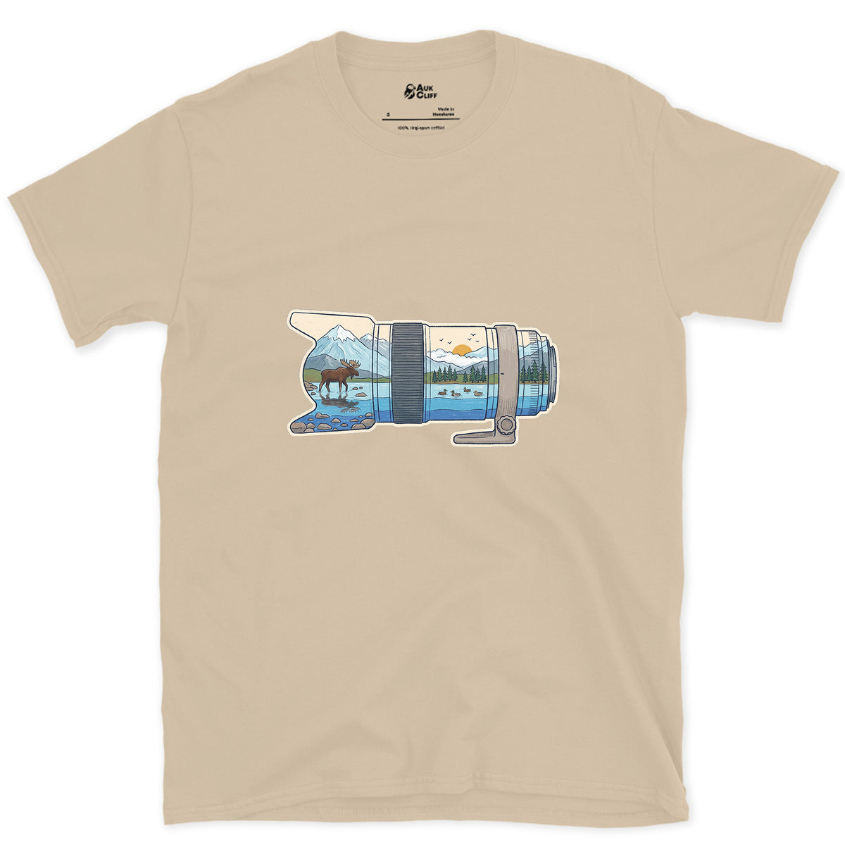 First Light Down the Long Lens design on a Sand Gildan Softstyle t-shirt