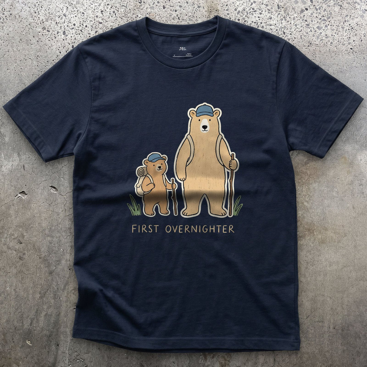Half a Step Behind, Bear and Cub design on a Navy Gildan Softstyle t-shirt
