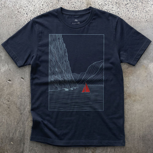 Small Against the Mountain Fjord, Red Sailboat design on a Navy Gildan Softstyle t-shirt