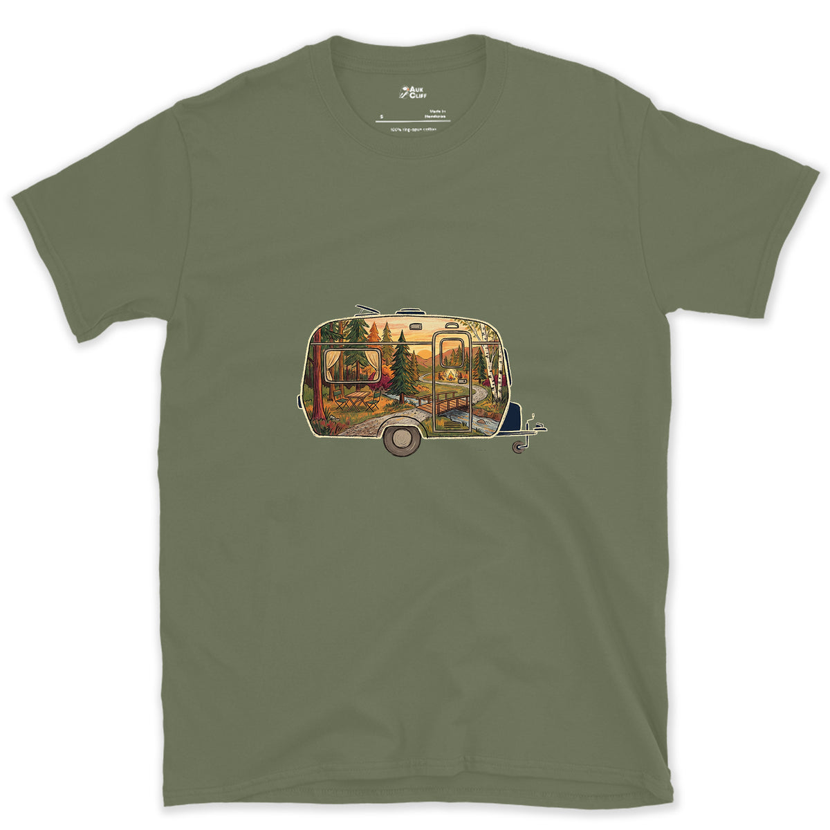 Forest Campground, Travel Caravan design on a Military Green Gildan Softstyle t-shirt