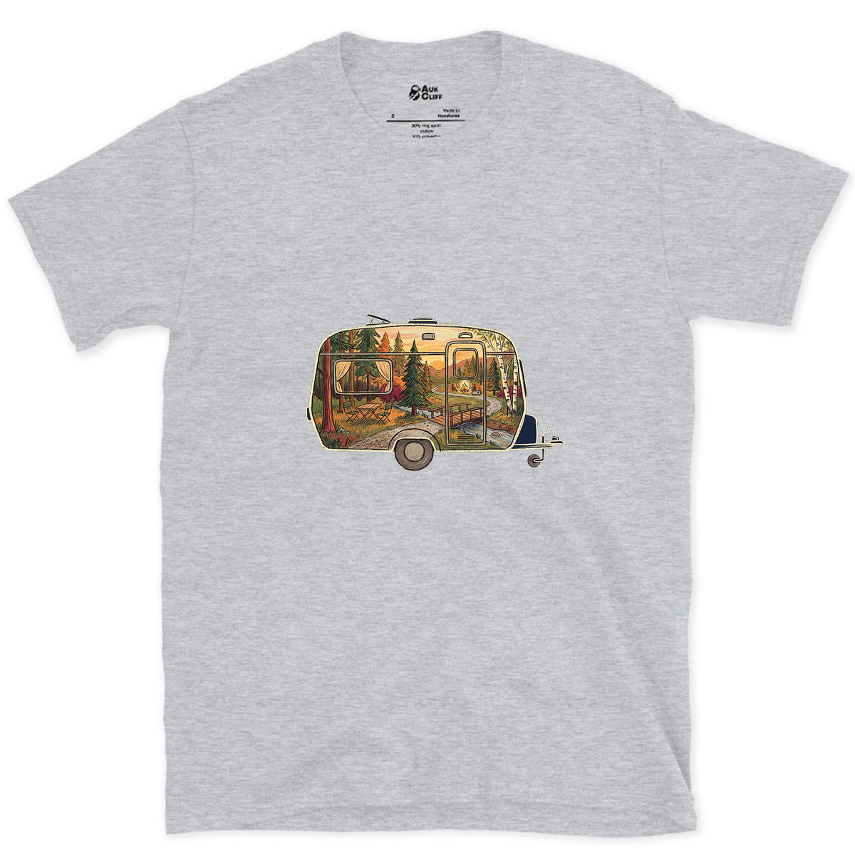 Forest Campground, Travel Caravan design on a Sport Grey Gildan Softstyle t-shirt
