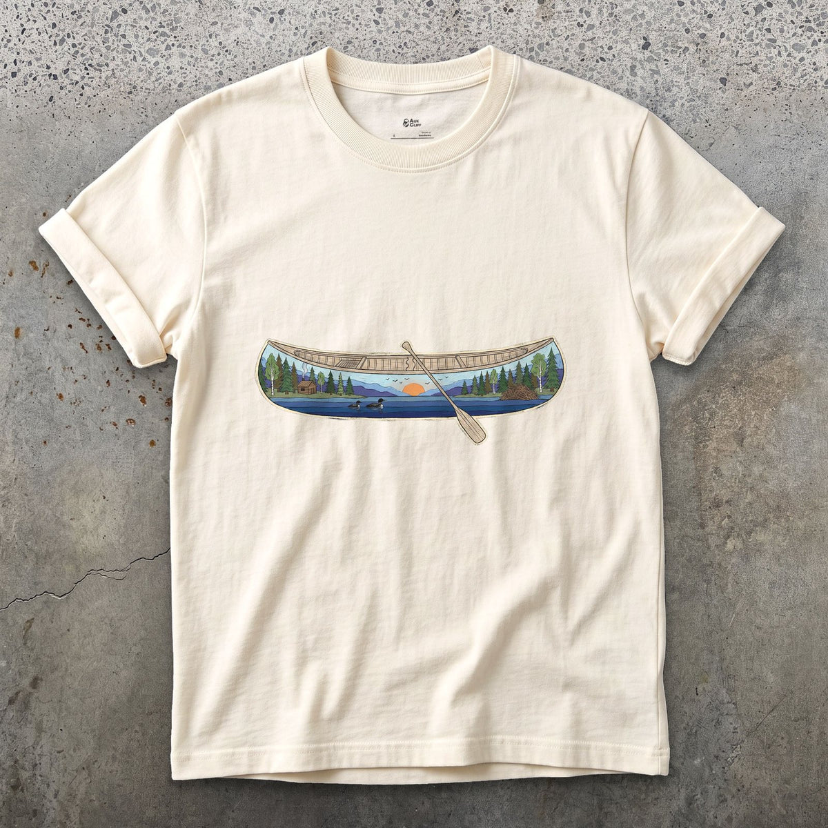 Forest Lake at Dusk, Open Canoe design on a Natural Gildan Softstyle t-shirt