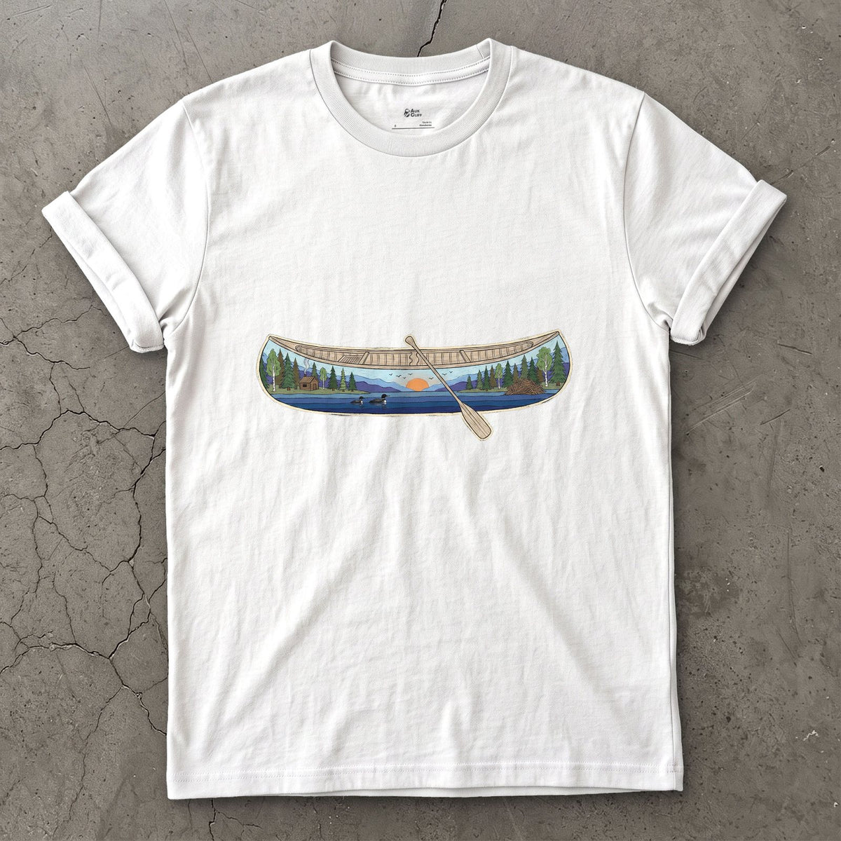 Forest Lake at Dusk, Open Canoe design on a White Gildan Softstyle t-shirt