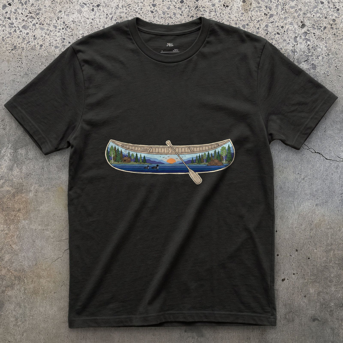 Forest Lake at Dusk, Open Canoe design on a Black Gildan Softstyle t-shirt
