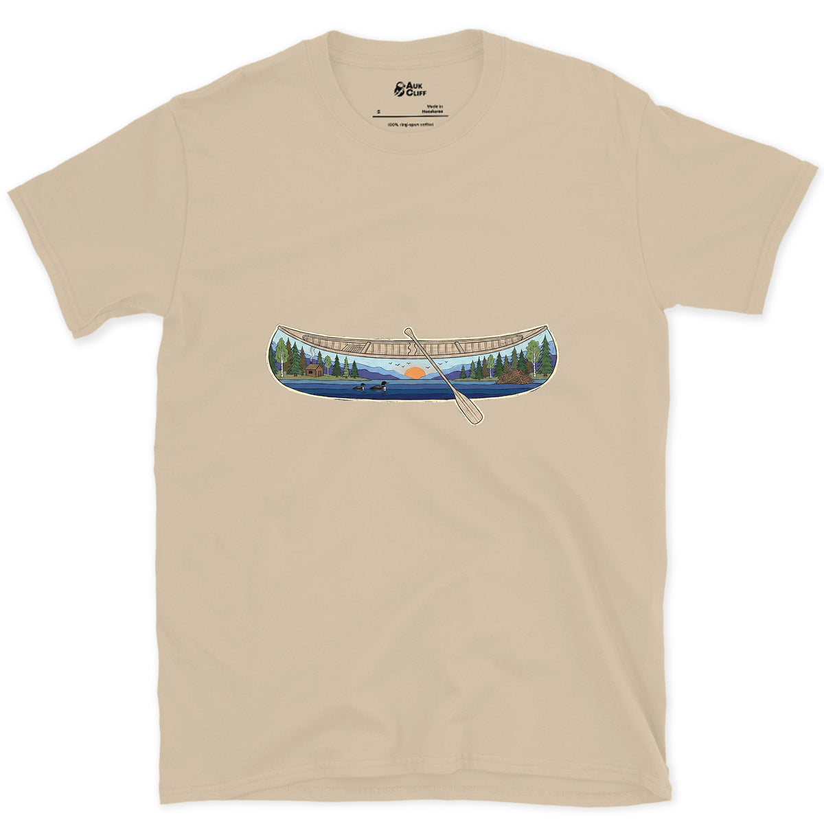 Forest Lake at Dusk, Open Canoe design on a Sand Gildan Softstyle t-shirt