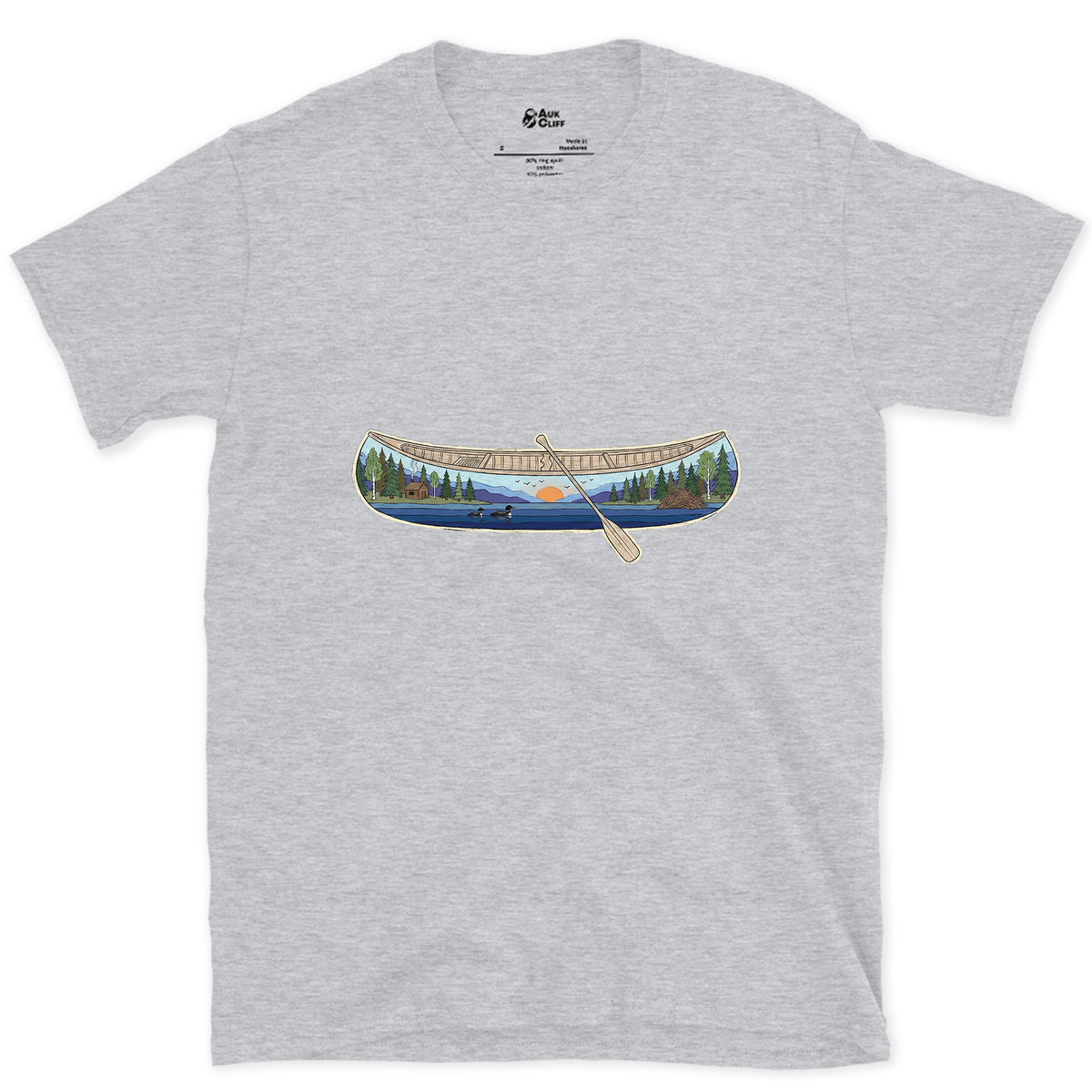 Forest Lake at Dusk, Open Canoe design on a Sport Grey Gildan Softstyle t-shirt