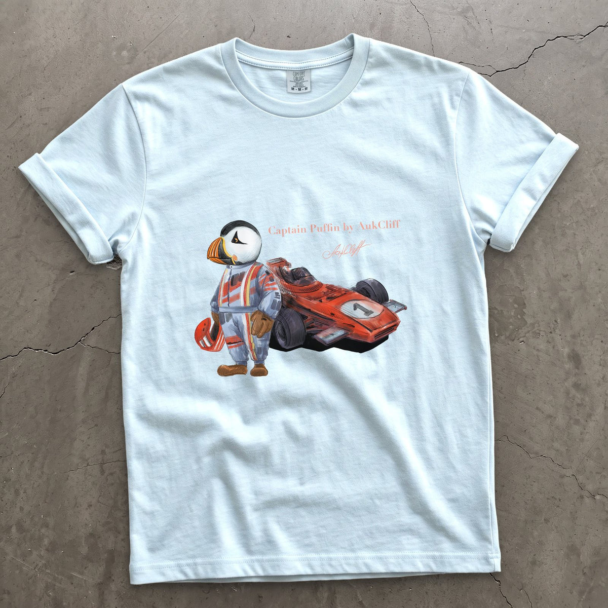 Captain Puffin Formula Racer on a Chambray Comfort Colors t-shirt