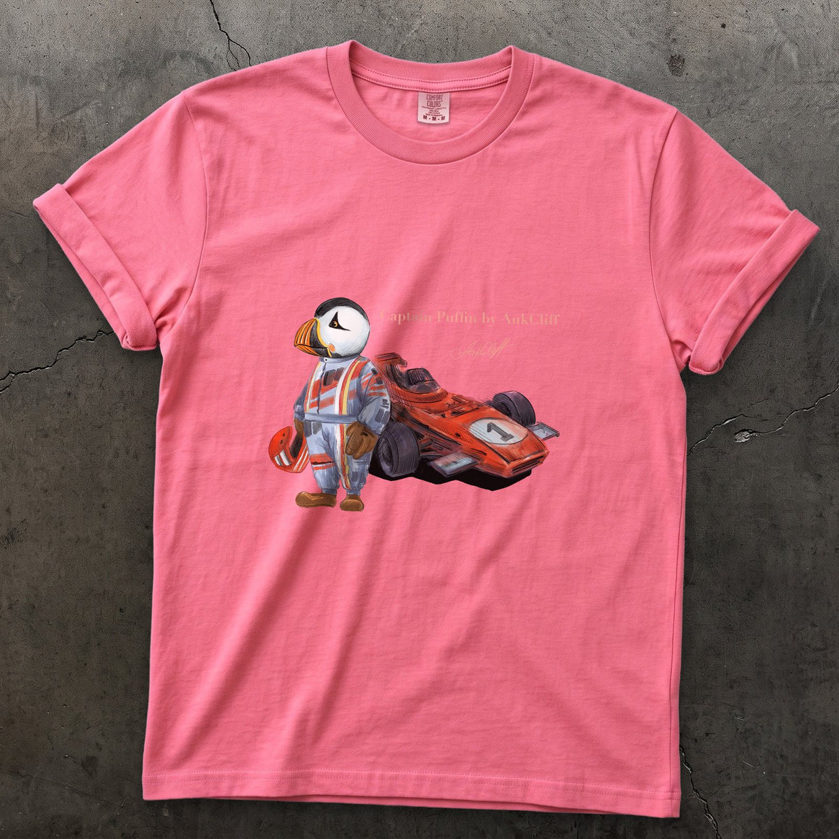 Captain Puffin Formula Racer on a Crunchberry Comfort Colors t-shirt