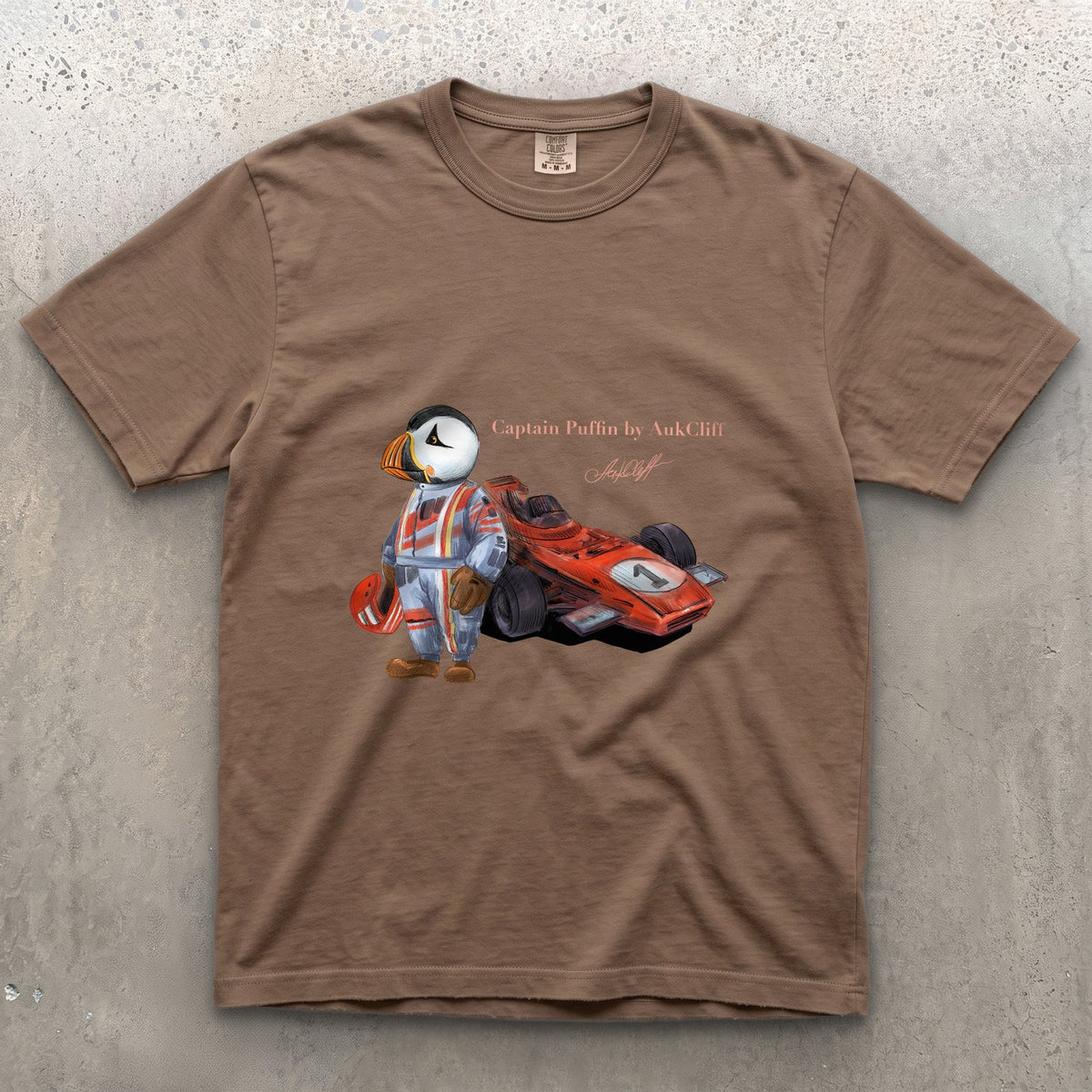 Captain Puffin Formula Racer on a Espresso Comfort Colors t-shirt