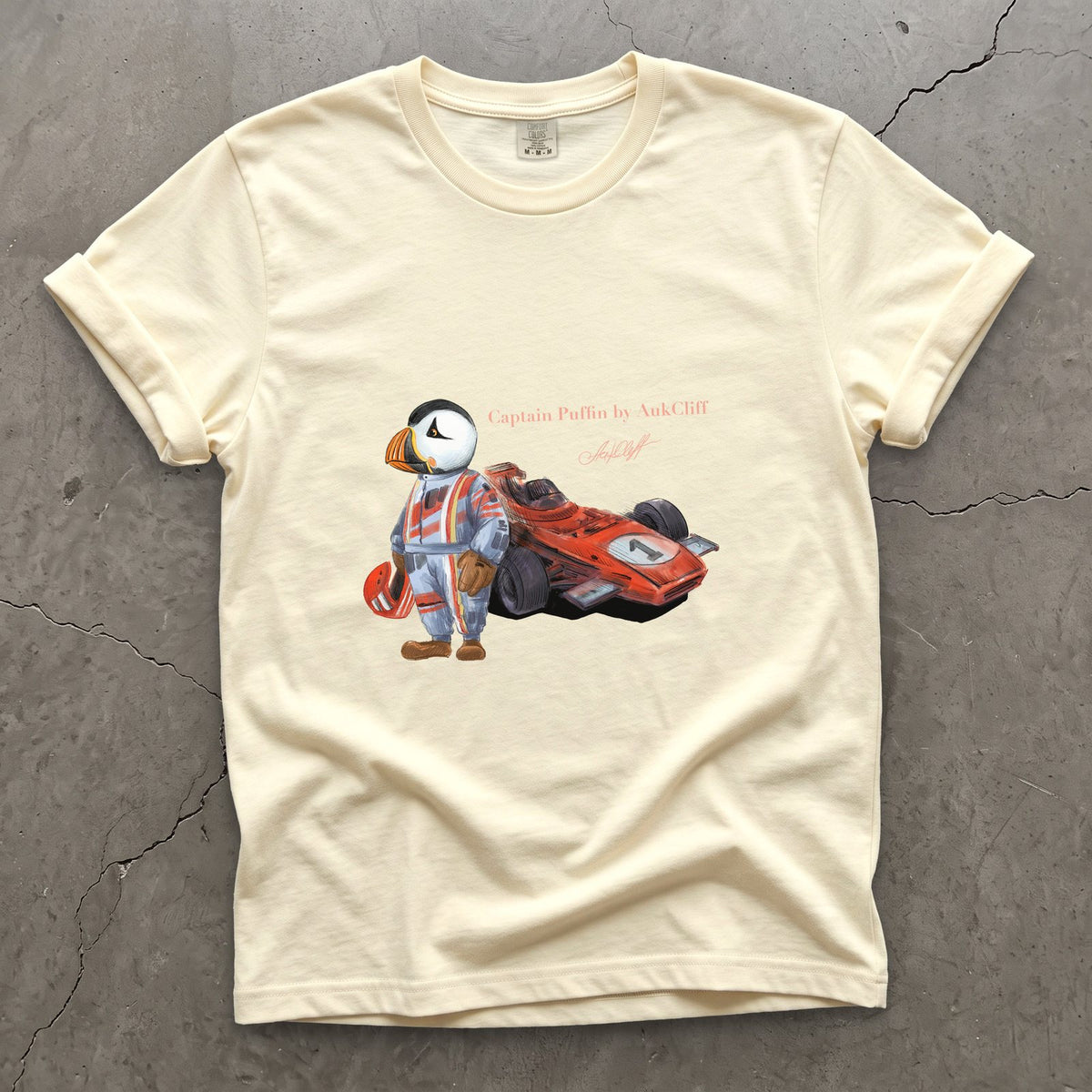 Captain Puffin Formula Racer on a Ivory Comfort Colors t-shirt