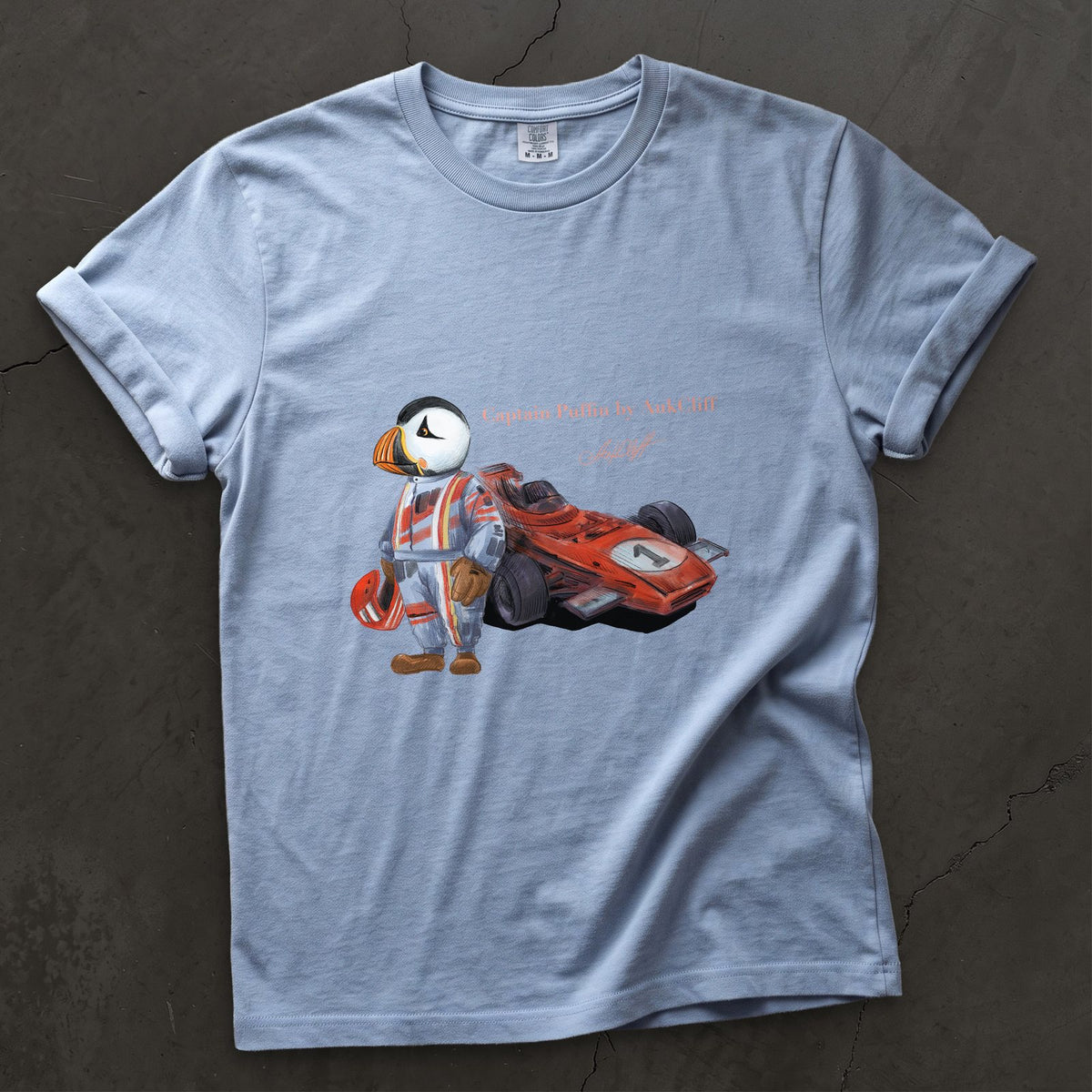 Captain Puffin Formula Racer on a Washed Denim Comfort Colors t-shirt