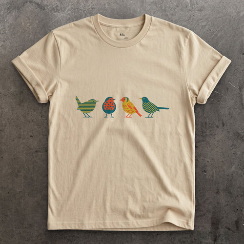 Four Birds in a Row, Each in Its Own Pattern design on a Sand Gildan Softstyle t-shirt