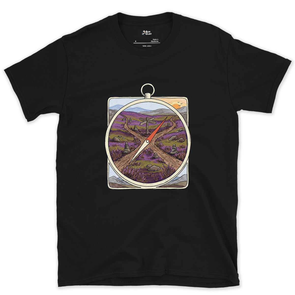 Four Ways Off the Moor, Pocket Compass design on a Black Gildan Softstyle t-shirt