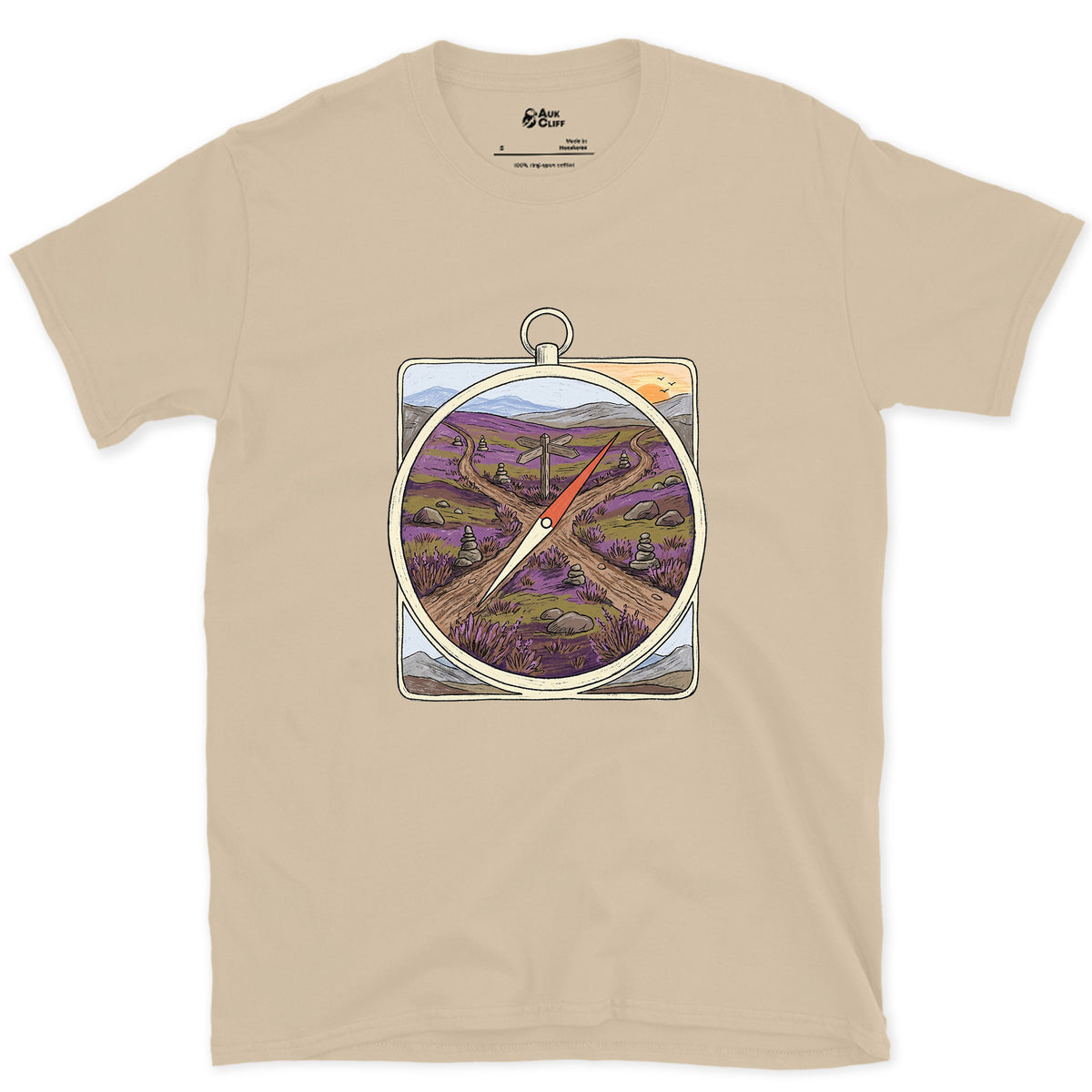 Four Ways Off the Moor, Pocket Compass design on a Sand Gildan Softstyle t-shirt