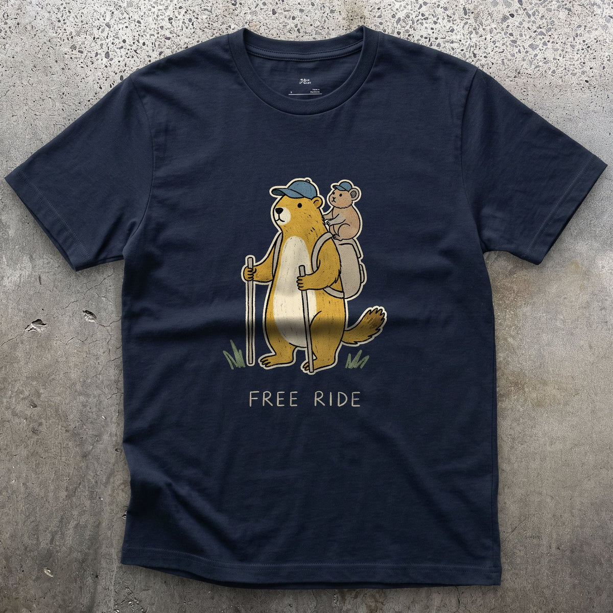 Free Ride, Marmot Hiker and Pika design on a Navy Gildan Softstyle t-shirt