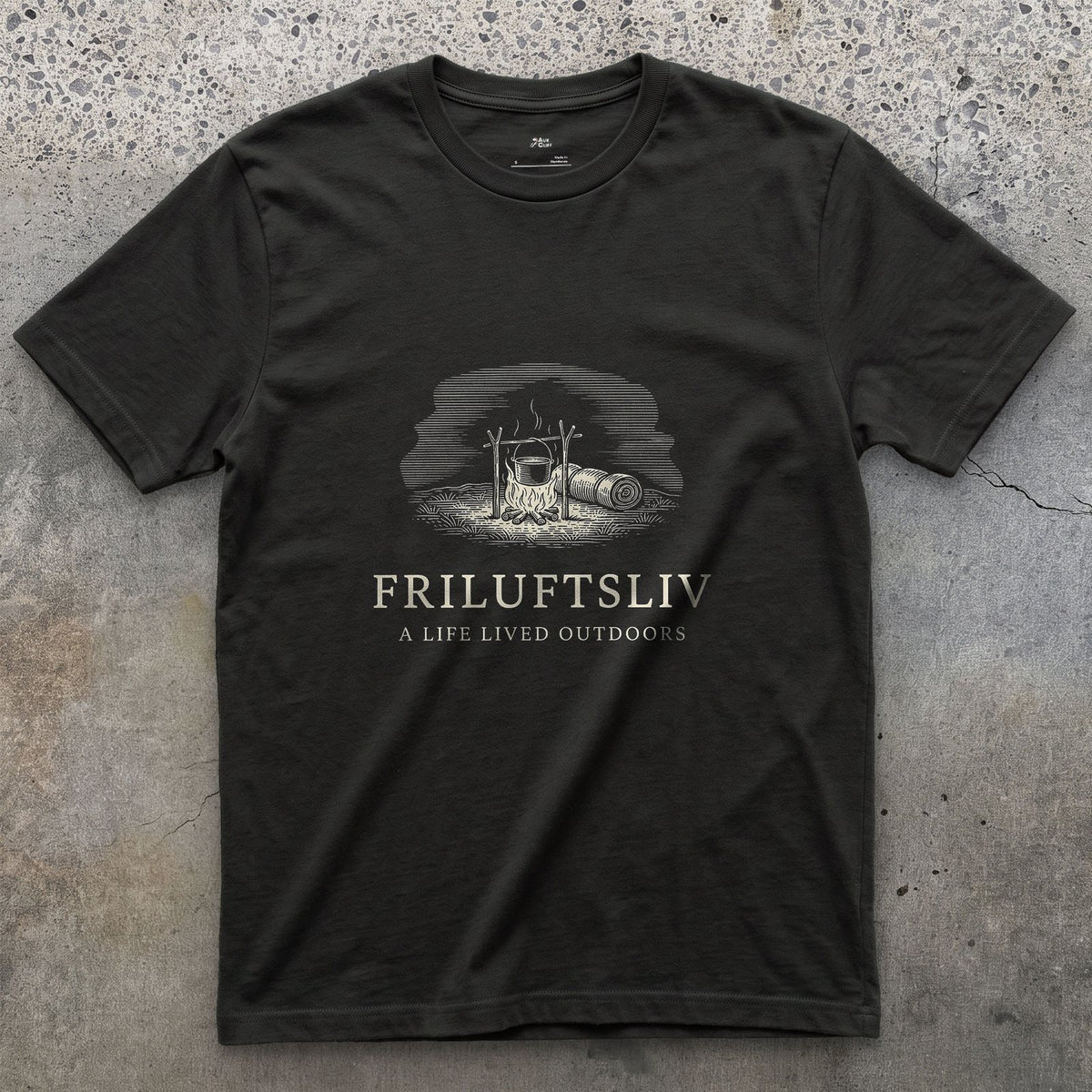 Friluftsliv, a Life Lived Outdoors design on a Black Gildan Softstyle t-shirt