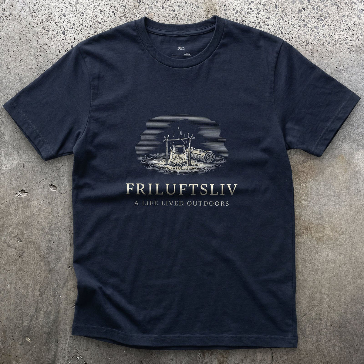 Friluftsliv, a Life Lived Outdoors design on a Navy Gildan Softstyle t-shirt