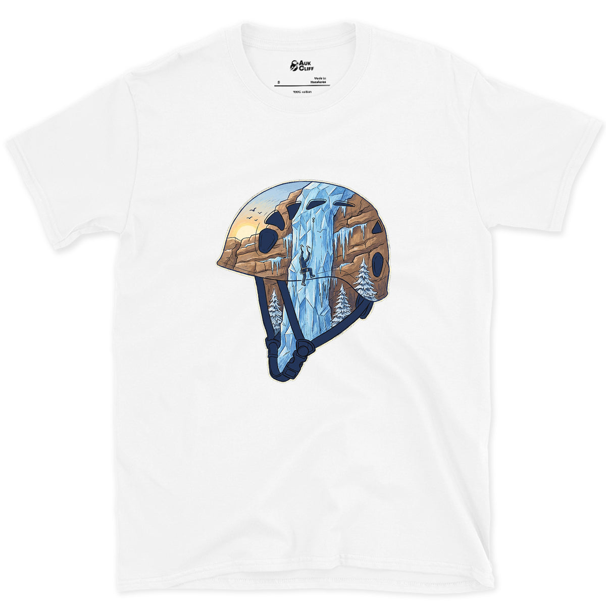 Frozen Waterfall in the Climbing Helmet design on a White Gildan Softstyle t-shirt