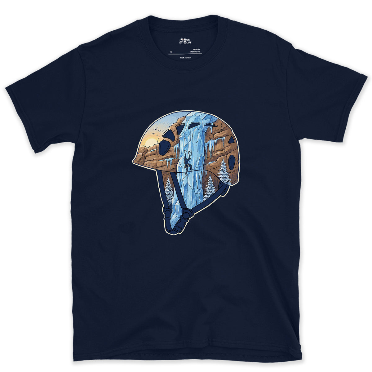 Frozen Waterfall in the Climbing Helmet design on a Navy Gildan Softstyle t-shirt