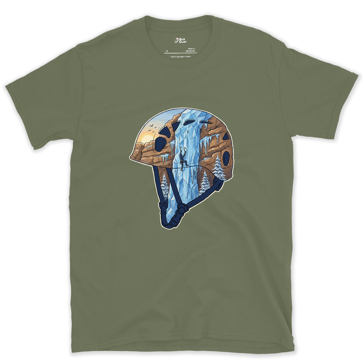 Frozen Waterfall in the Climbing Helmet design on a Military Green Gildan Softstyle t-shirt