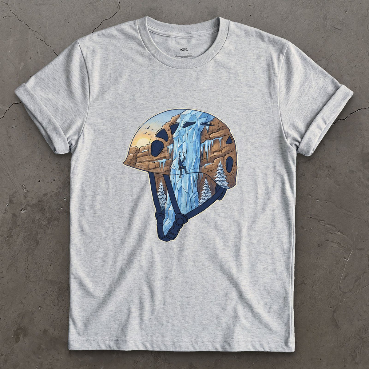 Frozen Waterfall in the Climbing Helmet design on a Sport Grey Gildan Softstyle t-shirt