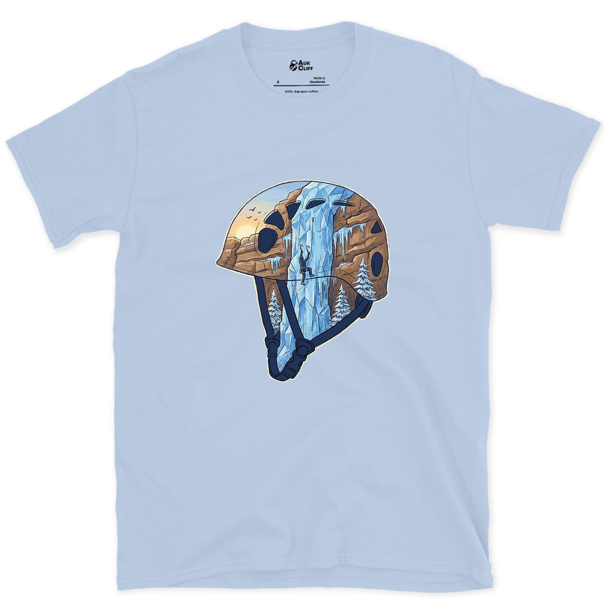 Frozen Waterfall in the Climbing Helmet design on a Light Blue Gildan Softstyle t-shirt