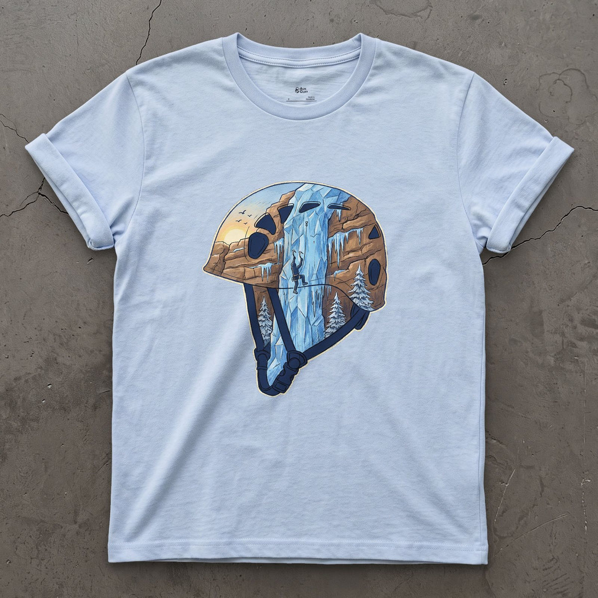 Frozen Waterfall in the Climbing Helmet design on a Light Blue Gildan Softstyle t-shirt