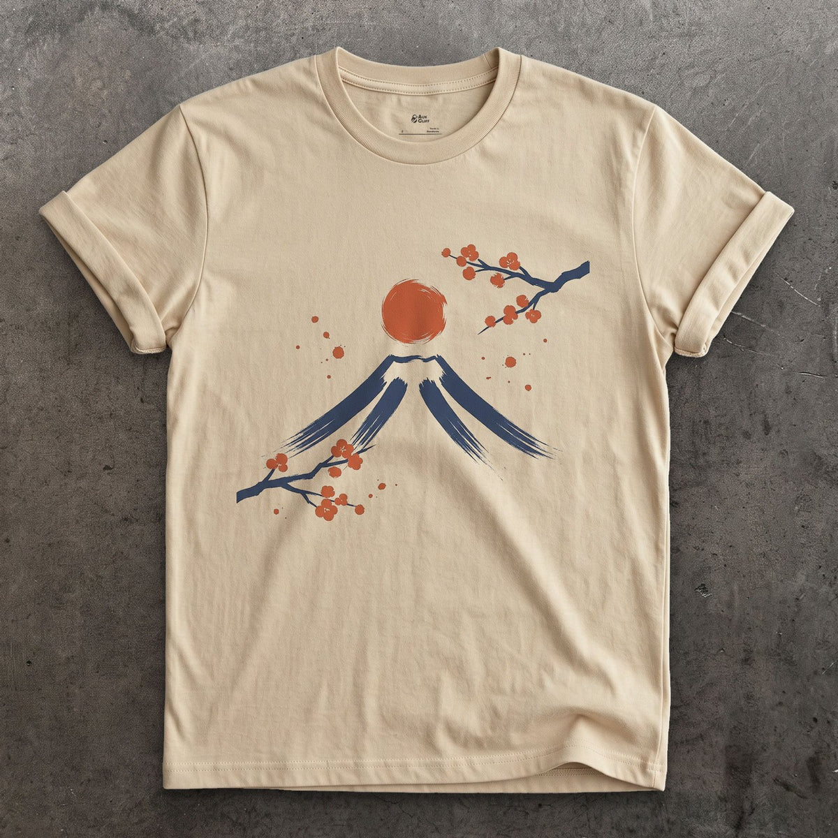 Fuji and Cherry Blossom design on a Sand Gildan Softstyle t-shirt