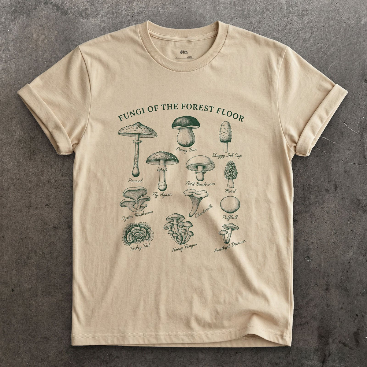 Nine Fungi of the Forest Floor design on a Sand Gildan Softstyle t-shirt