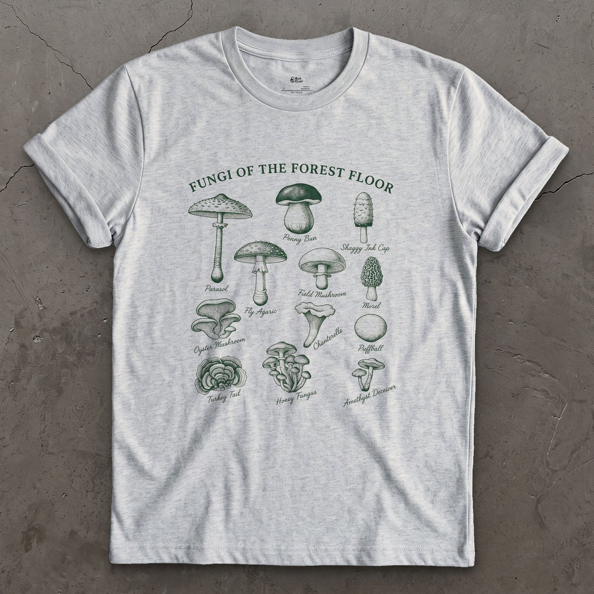 Nine Fungi of the Forest Floor design on a Sport Grey Gildan Softstyle t-shirt