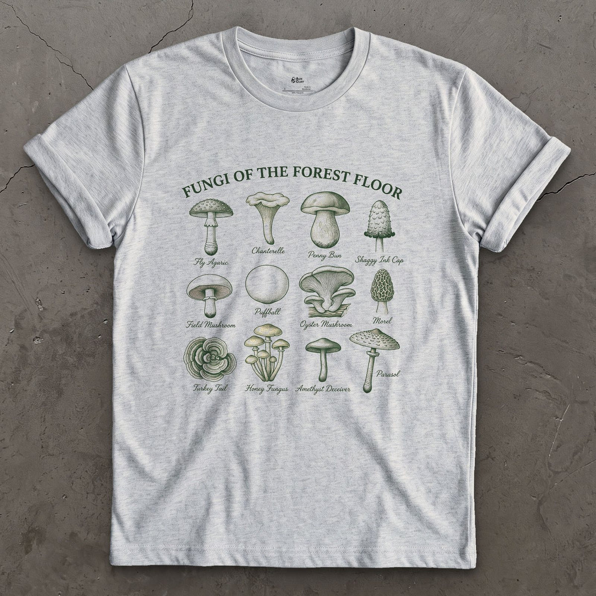 Eight Fungi of the Forest Floor design on a Sport Grey Gildan Softstyle t-shirt