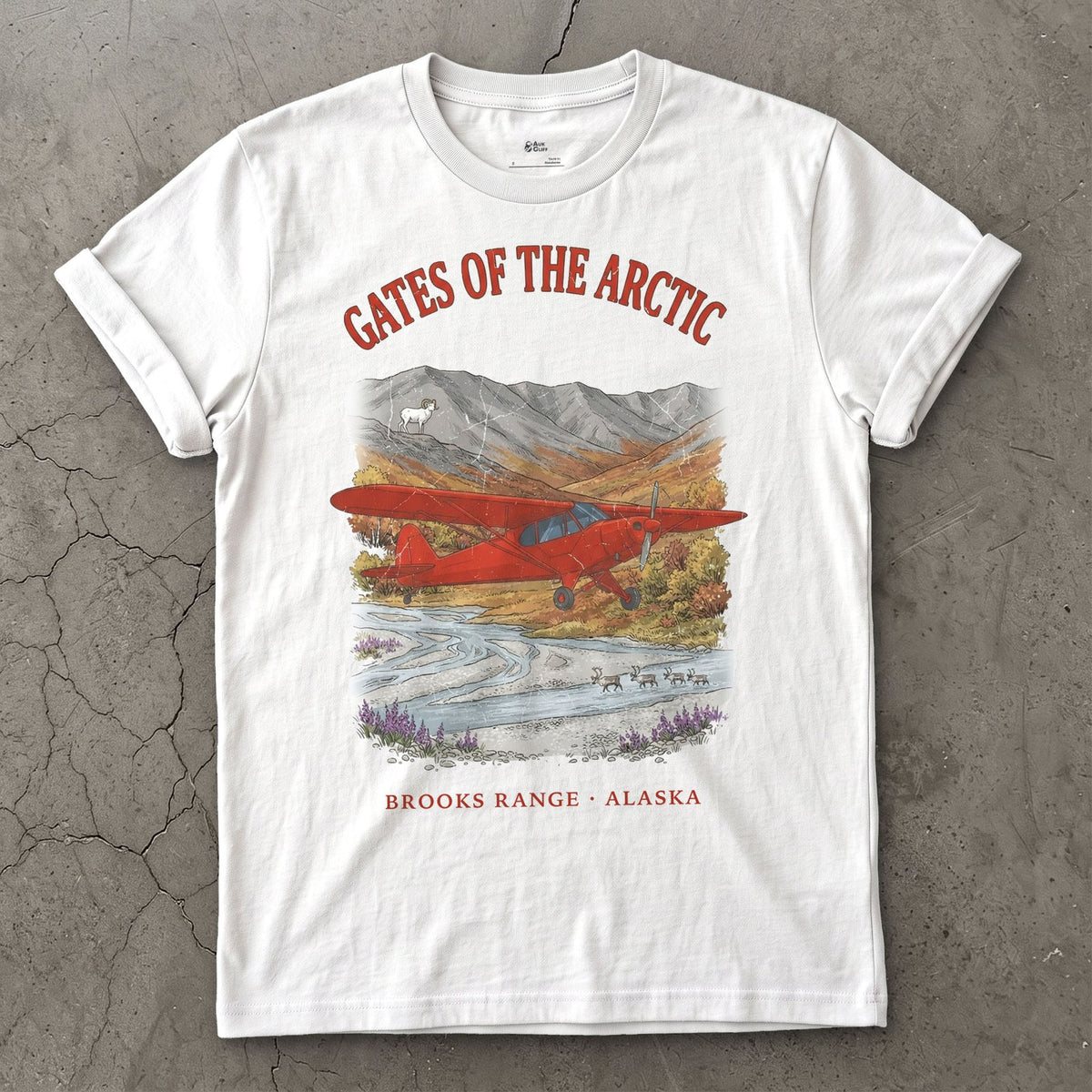 Gates of the Arctic Bush Plane design on a White Gildan Softstyle t-shirt
